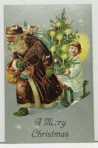 Christmas Old World Santa Brown Robe Pulling Angel on Sled with Tree Postcard J1