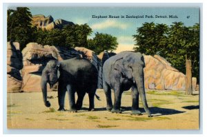 c1940's Two Elephants in Elephant House, Zoological Park Detroit MI Postcard