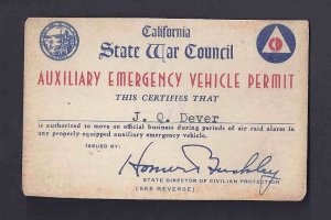 Ca1942 STATE WAR COUNCIL PERMIT FOR AUXILIARY EMERGENCY VEHICLE PERMIT SEE INFO