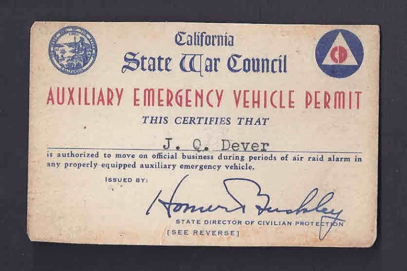 Ca1942 STATE WAR COUNCIL PERMIT FOR AUXILIARY EMERGENCY VEHICLE PERMIT SEE INFO