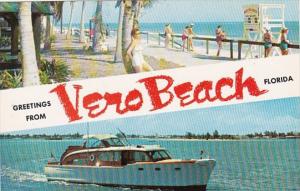 Florida Greetings From Vero Beach Showing Beach and Motor Yacht