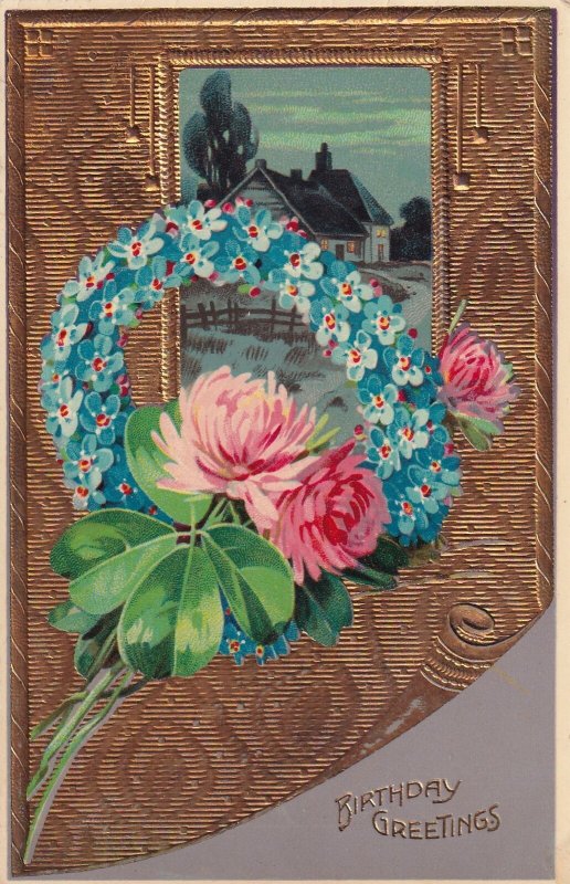 Birthday Greetings Metallic Flower Wreath 1912 Postcard B34
