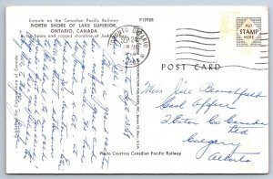 CPR Train, Log Boom, Jackfish Bay, Lake Superior, Ontario, 1958 Postcard
