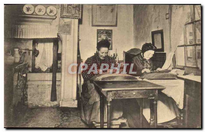 Old Postcard Folklore Lace Dentelliere Interior of bobbin lace makers