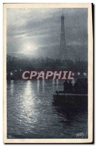 Postcard Old Paris A Night Moonlight on the Seine Eiffel Tower