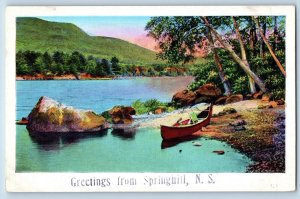 Springhill Nova Scotia NS Postcard Greetings Boat Canoe River Lake c1920 Vintage