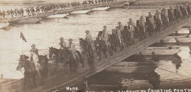 Fort Riley KANSAS RPPC 1918 WWI CAVALRY Infantry PONTOON BRIDGE Crossing US ARMY