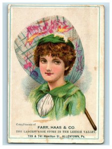 1870's Farr Haas & Co. Shoe Store Lovely Lady In Green Asian Motif Fan P172