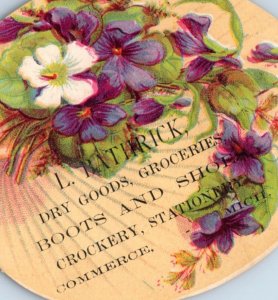 1880s Die-Cut Fan L. Bathrick Groceries Dry Goods Crockery Commerce, MI F136