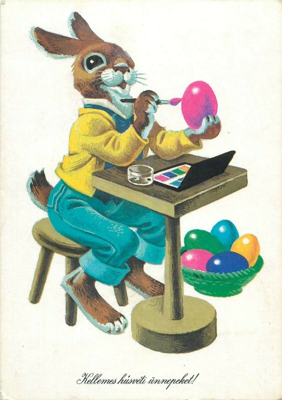 Humanized Easter rabbit pencil eggs greetings postcard Hungary