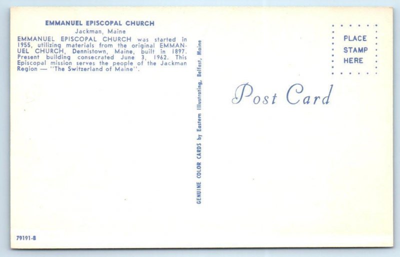 2 Postcards JACKMAN, Maine ME ~ Moose River & EMMANUEL EPISCOPAL CHURCH c1960s