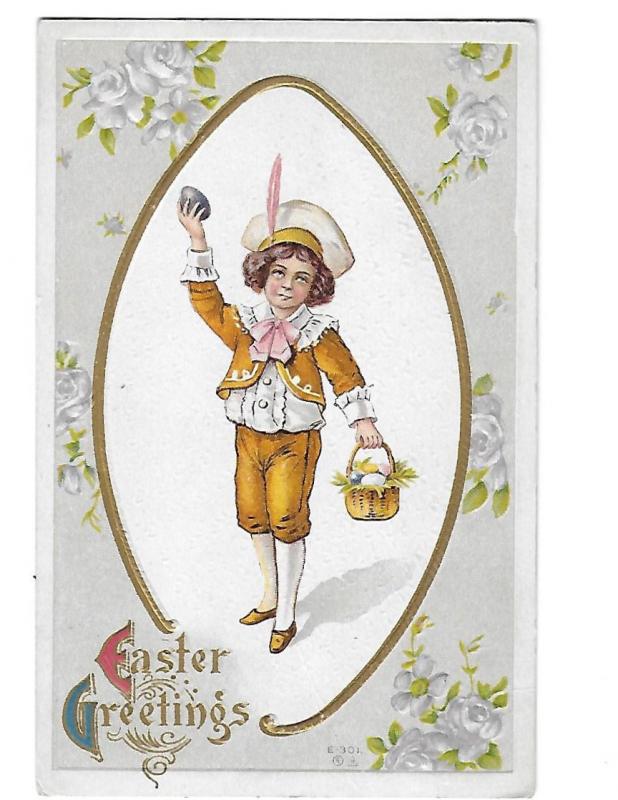 Easter Greetings Cute Little Boy in Victorian Clothing with EAster Basket c1910