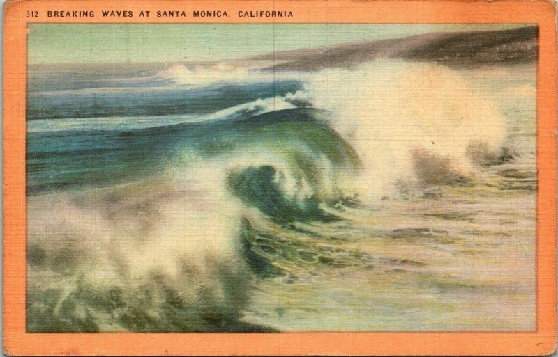 Breaking Waves Santa Monica California Ca Shores Linen Postcard UNP Unused 