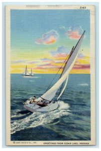 1947 Sailboat with Motor, Greetings from Cedar Lake Indiana IN Vintage Postcard