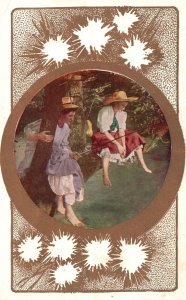 Vintage Postcard 1909 Two Beautiful Girls In Framed Sitting In The Tree Trunk