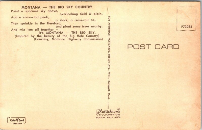 Montana Land of Big Sky Poem MT Postcard UNP Plastichrome Highway Commission 