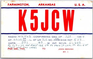 1957 QSL Radio Card Code K5JCW Farmington Arkansas Radio Station Posted Postcard