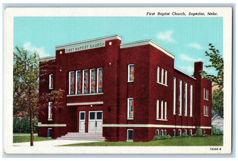 Superior Nebraska NE Postcard First Baptist Church Exterior Scene c1940s Vintage