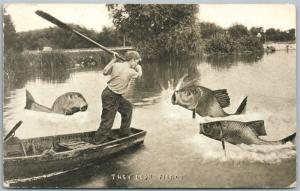 FISHING EXAGGERATED ANTIQUE POSTCARD THEY LOOK FIERGE
