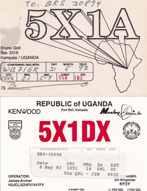 Kampala Uganda 2x QSL Amateur Radio Card s