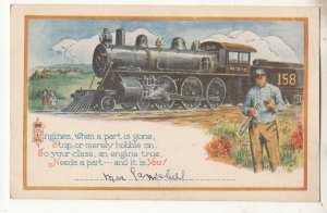 P3312 JL postcard 1943 RR train engines when a part is gone stop hobble on