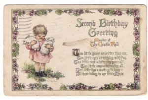 Second Birthday Greetings, Girl With Bunny Rabbits, Antique 1919 Postcard