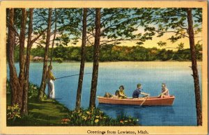 Scenic View Lake Rowboat Greetings from Lewiston MI Vintage Postcard G52