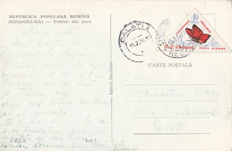 Romania postcard from `60s attractive butterfly stamp Sangeorz Bai