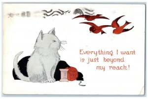 1924 Cat Yarn Birds Everything I Want Is Just Beyond My Reach Lyons NY Postcard