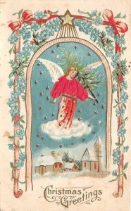 CHRISTMAS HOLIDAY ANGEL CHURCH SILK NOVELTY POSTCARD 1909