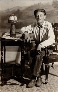 Studio Portrait of Boy Young Man Desk Lamp Unused Real Photo Postcard G71