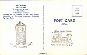 Will Rogers Memorial Statue Cheyenne Mountain Colorado Springs CO Postcard VTG 