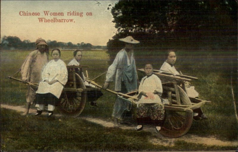 China  Chinese Women Riding on Wheelbarrow - Publ in Shanghai c1910 Postcard