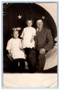 Father With Daughters Postcard RPPC Photo Paper Crescent Moon Studio c1910's