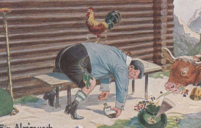 French Alcoholic Farmer Drunk On Bench By Cow Antique Comic Humour Postcard