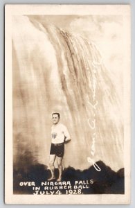 Jean Lussier Niagara Falls Daredevil Over In Rubber Ball 1928 RPPC Postcard N24