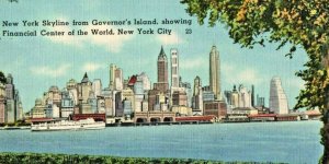 Vintage Postcard New York Skyline from Governor's Island Financial Center River