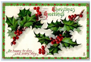 1912 Christmas Greetings Holly Berries Embossed Hartford CT Tuck's Postcard