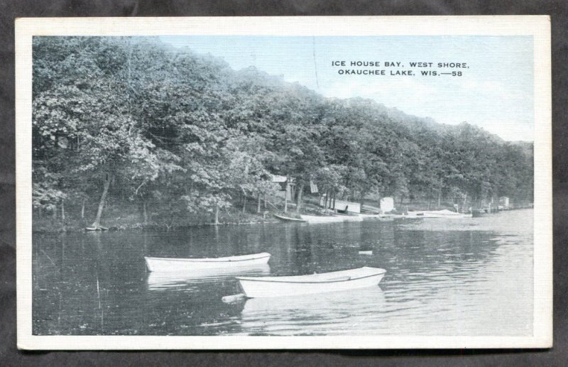 dc877 - OKAUCHEE LAKE Wis 1937 Ice House Bay Postcard