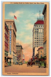 c1950 North On Fulton Street Kern Street Establishment Cars Fresno CA Postcard 