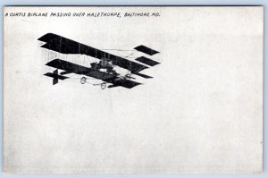 1910's CURTIS BIPLANE PASSING OVER HALETHORPE MARYLAND PLANE AVIATION POSTCARD