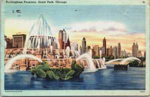 Buckingham Fountain Grant Park Chicago Illinois Linen Postcard C087