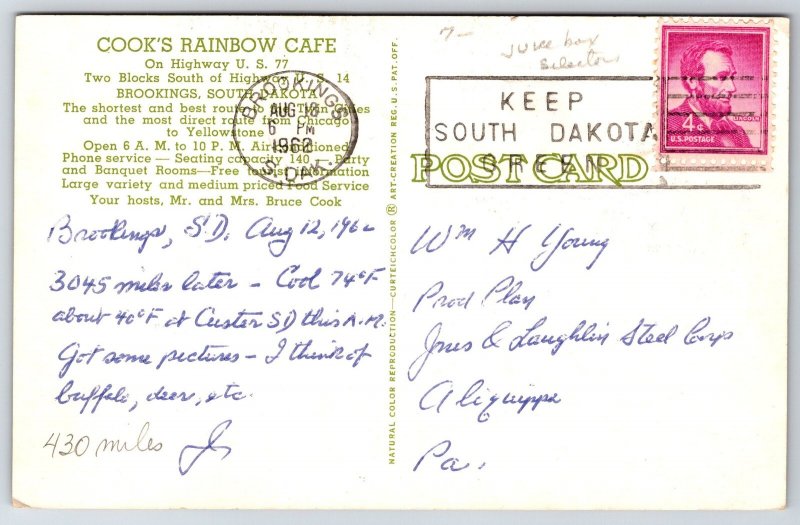 Brookings SD~Cook's Rainbow Cafe Interior~Booth Juke Box~Counter Seating~1962