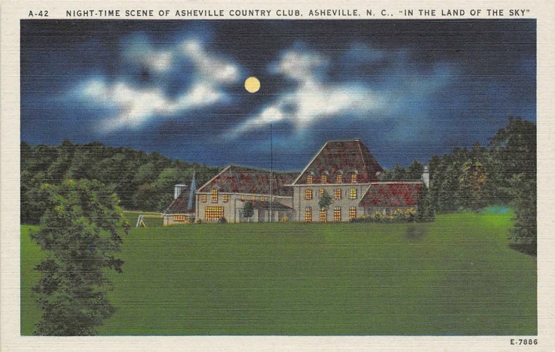 Night-Time Scene of Asheville Country Club North Carolina c1940s Linen Postcard