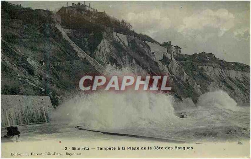 Old Postcard Biarritz Storm has the Beach of the Cote des Basques