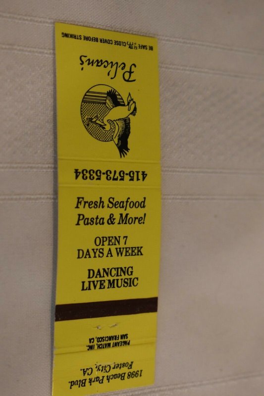 Pelican's Seafood Pasta Foster City California Bird 20 Strike Matchbook Cover