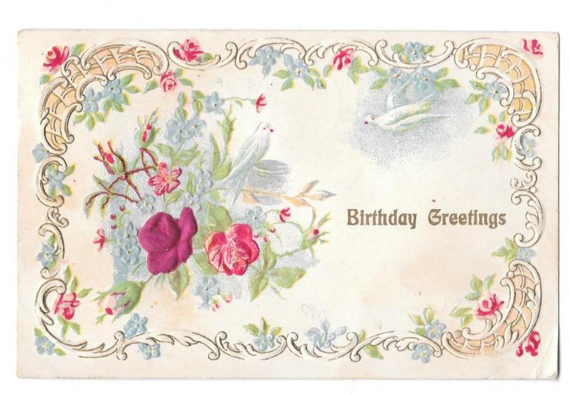 Birthday Greetings Red Silk rose & Dove Vintage Postcard