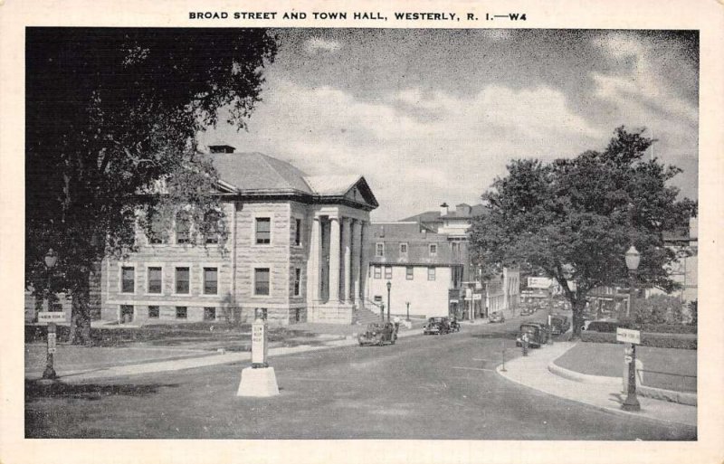 Westerly Rhode Island Broad Street and Town Hall Vintage Postcard U1166