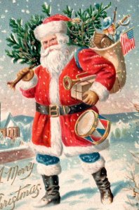 Pre-1907 SANTA CLAUS*MERRY CHRISTMAS*AMERICAN FLAG*PATRIOTIC*TREE*DRUM*EMBOSSED
