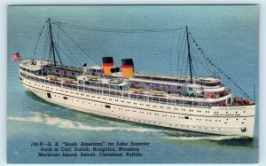 LAKE SUPERIOR ~Ship  SS SOUTH AMERICA  c1940s Linen Great Lakes Postcard
